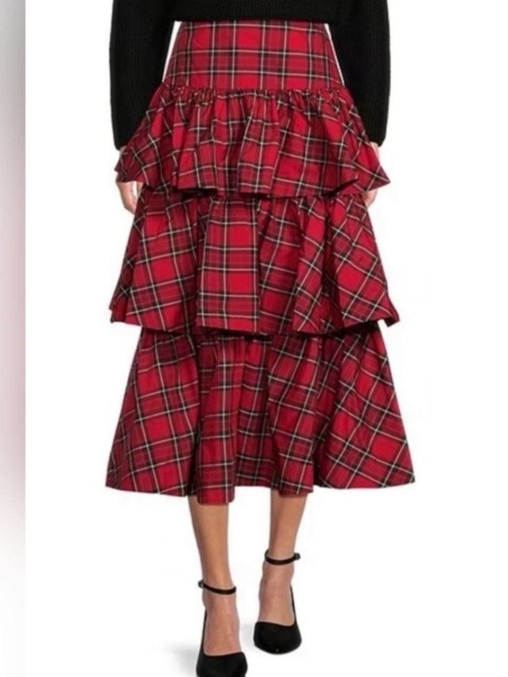 Antonio Melani Katrina Tartan Plaid Layered Ruffled Red Black Holiday Skirt 6 - Picture 3 of 16